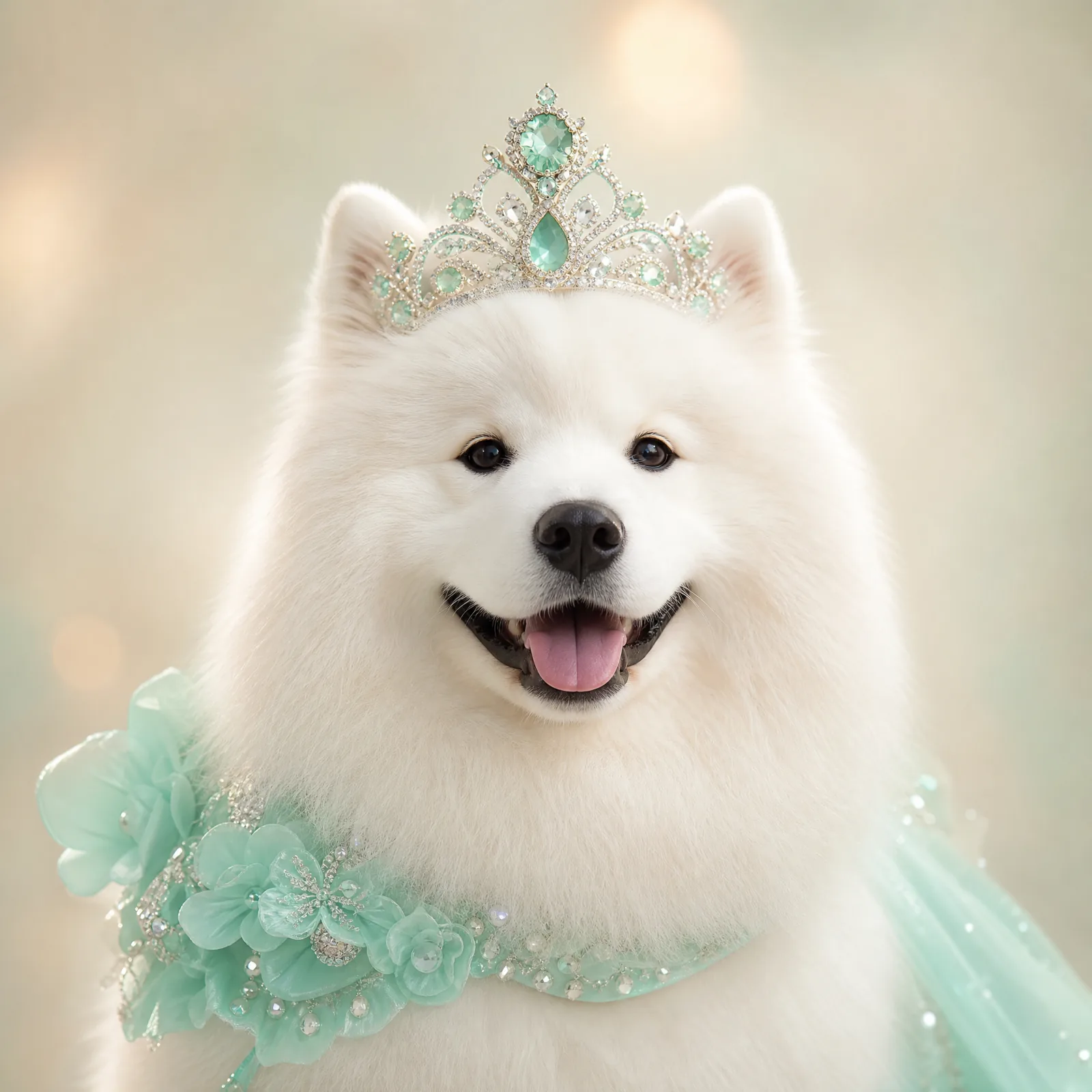 头戴薄荷绿皇冠的萨摩耶犬颜值赛定妆照